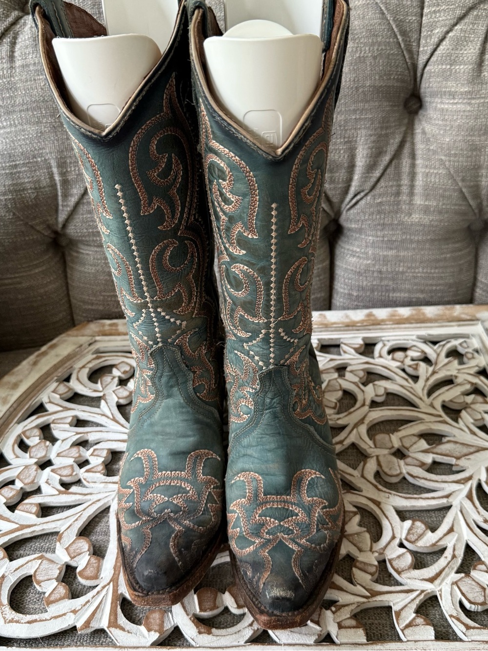 Circle G by Corral Teal Leather Cowboy Boots Tan Embroidery Women’s 8.5 - Picture 3 of 10